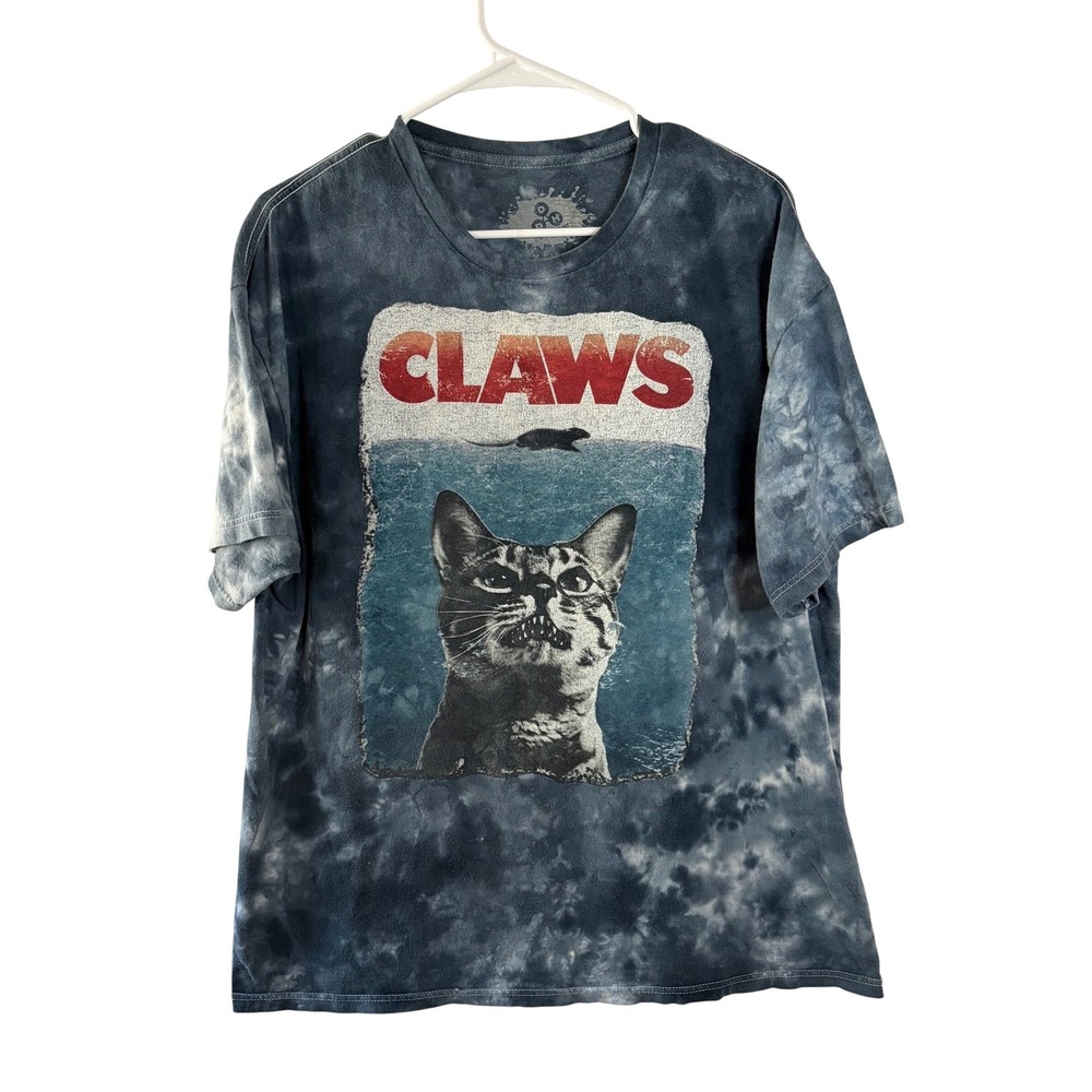 ODM Claws Cat Jaws Parody Tie Dye Graphic T-Shirt Mens XL Blue White Funny Tee